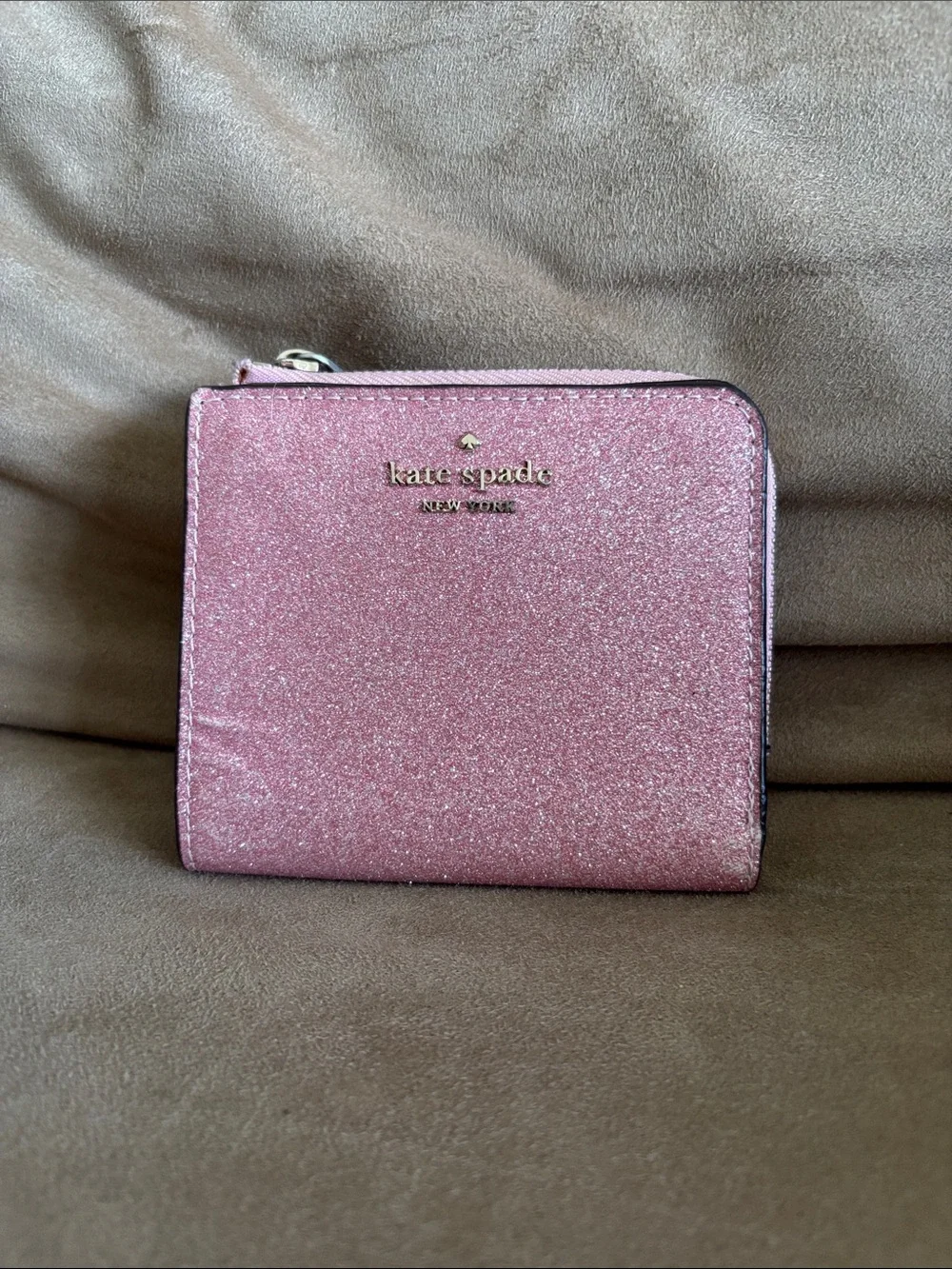 kate spade glitter zip-around wallet in rose pink